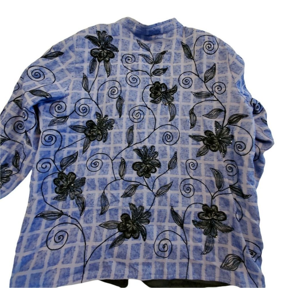 Vintage 90s Periwinkle Blue Floral Beaded Windowpane Jacket Lined XL X-large‎ - Picture 5 of 8